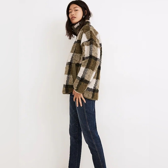Madewell (Re)sourced Sherpa Popover Tunic Jacket in Plaid Olive Surplus Size S - Picture 3 of 16